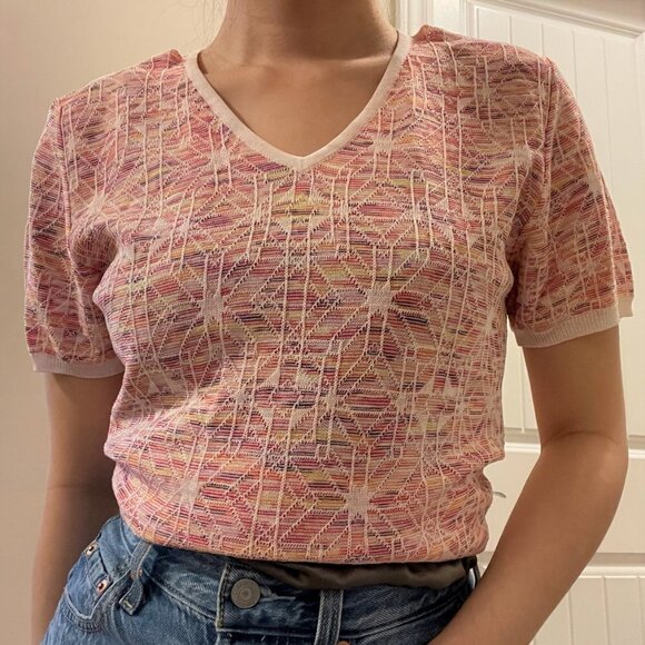 Vintage Camela Geometric Rainbow Knit V-Neck Tee Pink - Picture 5 of 13